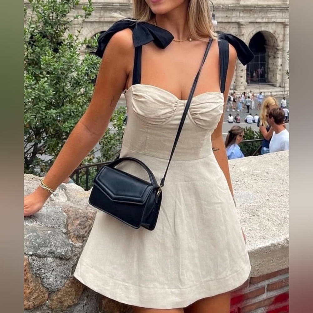 Zara mini dress beige black ribbon tie
